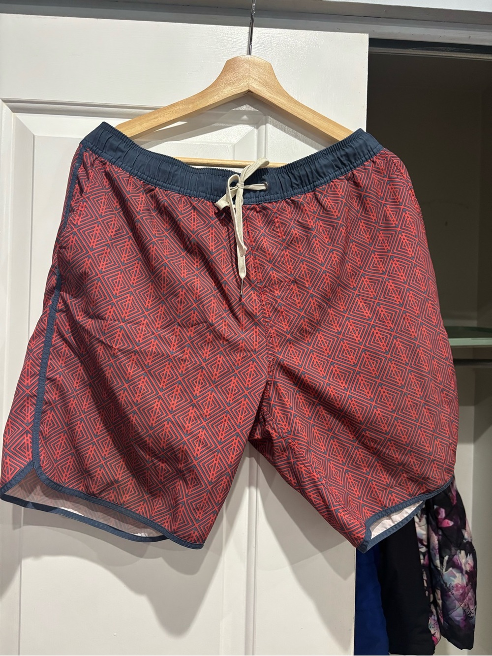 Fair Harbor Red Geometric Swim Board Shorts with Navy Trim